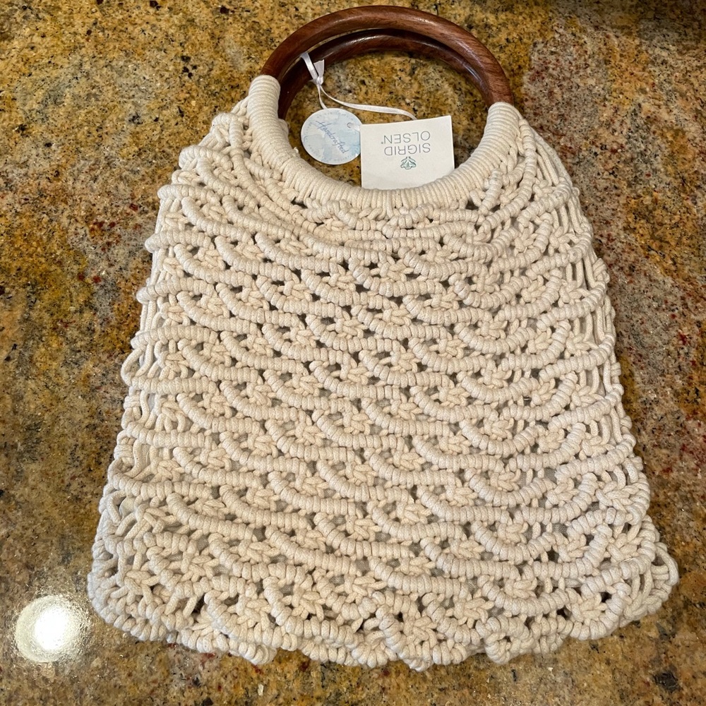 Sigrid Olsen Cream Macramé Shoulder Bag with Wooden Handles
